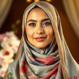 A beautiful and respectful portrait of a woman wearing a hijab, showcasing intricate designs on the fabric and vibrant colors