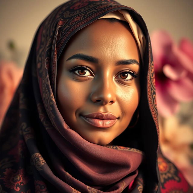 A beautiful and respectful portrait of a woman wearing a hijab, showcasing intricate designs on the fabric and vibrant colors