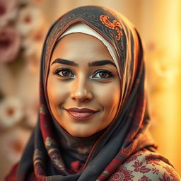 A beautiful and respectful portrait of a woman wearing a hijab, showcasing intricate designs on the fabric and vibrant colors