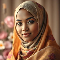 A beautiful and respectful portrait of a woman wearing a hijab, showcasing intricate designs on the fabric and vibrant colors