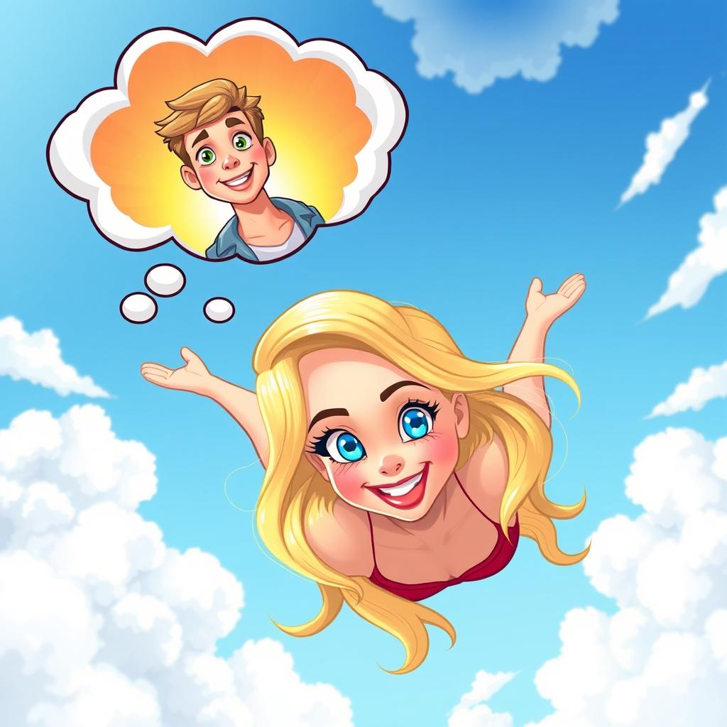 A beautiful blonde cartoon woman with sparkling blue eyes and vibrant red lips is gracefully falling from a bright blue sky filled with fluffy white clouds