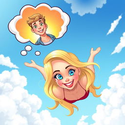 A beautiful blonde cartoon woman with sparkling blue eyes and vibrant red lips is gracefully falling from a bright blue sky filled with fluffy white clouds