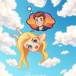 A beautiful blonde cartoon woman with sparkling blue eyes and vibrant red lips is gracefully falling from a bright blue sky filled with fluffy white clouds