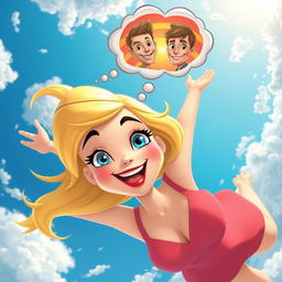 A beautiful blonde cartoon woman with sparkling blue eyes and vibrant red lips is gracefully falling from a bright blue sky filled with fluffy white clouds