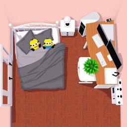 Top-down pixel art of a cheerful room