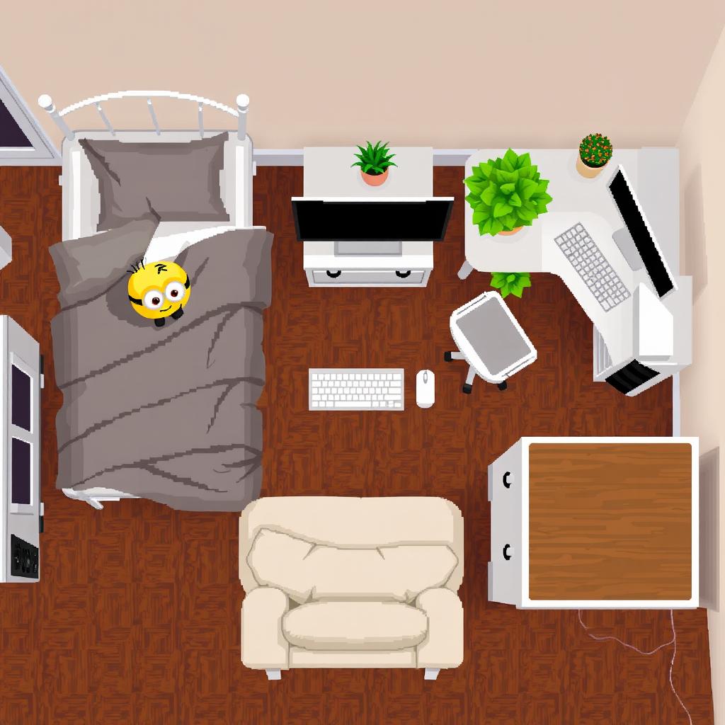 Top-down pixel art of a cheerful room