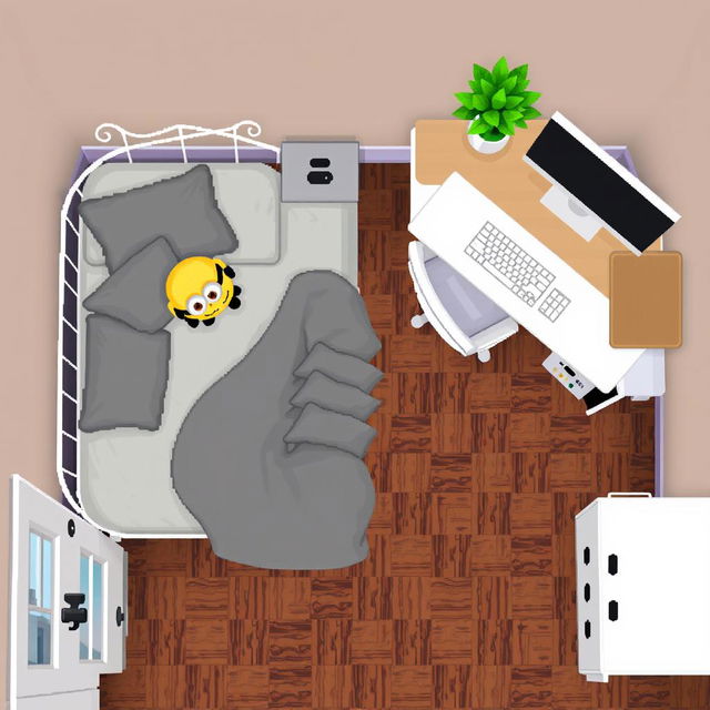 Top-down pixel art of a cheerful room