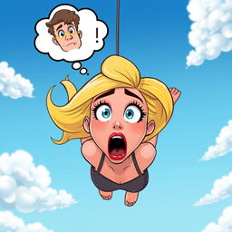 A beautiful blonde cartoon woman with vibrant blue eyes and striking red lips is depicted falling from the sky
