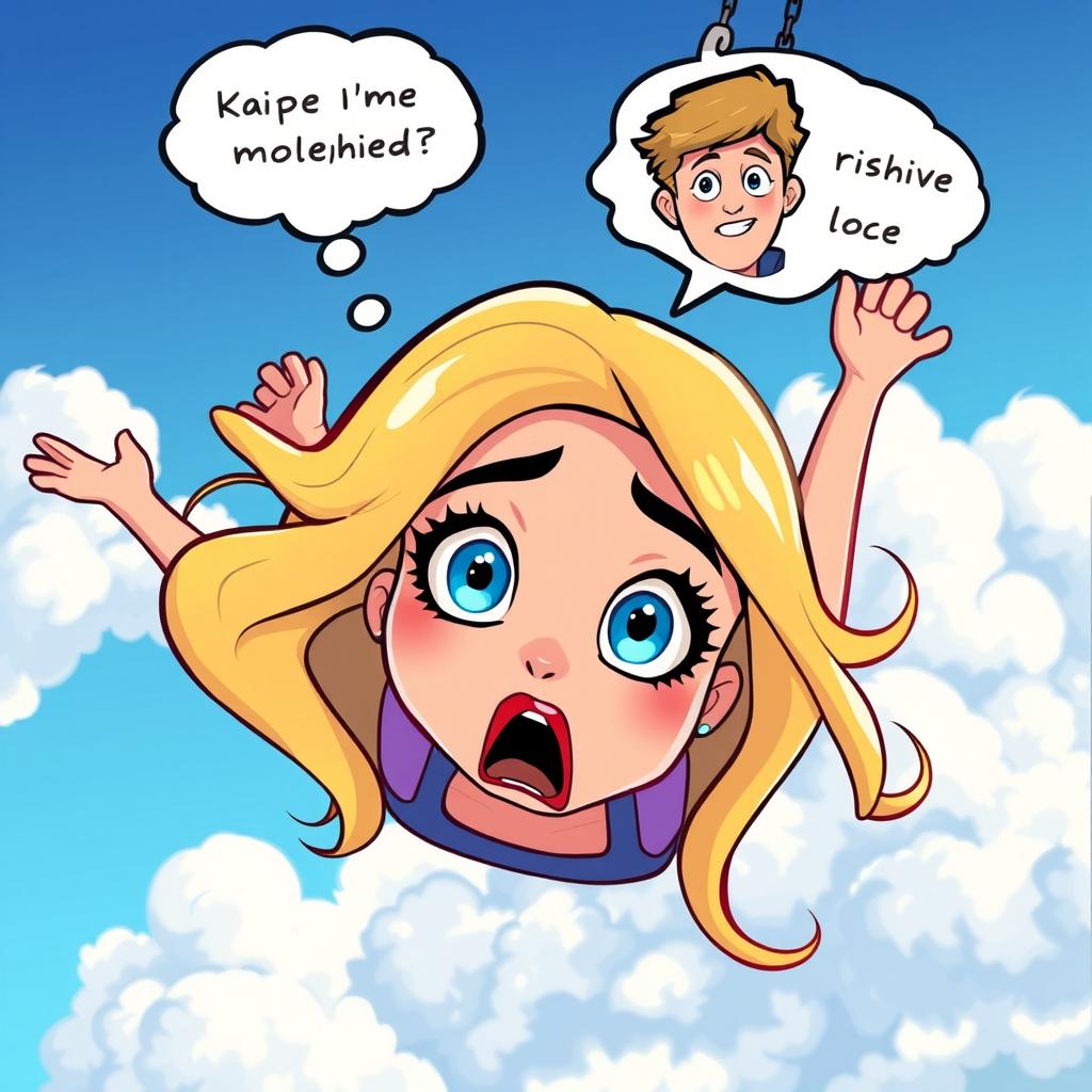 A beautiful blonde cartoon woman with vibrant blue eyes and striking red lips is depicted falling from the sky