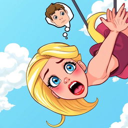 A beautiful blonde cartoon woman with vibrant blue eyes and striking red lips is depicted falling from the sky