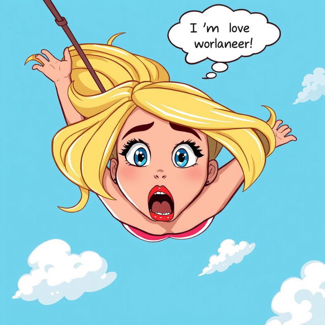 A beautiful blonde cartoon woman with vibrant blue eyes and striking red lips is depicted falling from the sky