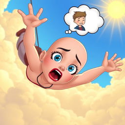 A beautiful bald cartoon woman with striking blue eyes and vibrant red lips, plummeting through a bright, whimsical sky