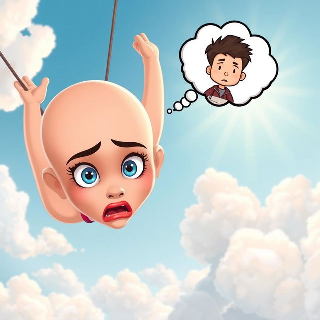 A beautiful bald cartoon woman with striking blue eyes and vibrant red lips, plummeting through a bright, whimsical sky