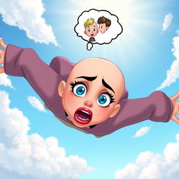 A beautiful bald cartoon woman with striking blue eyes and vibrant red lips, plummeting through a bright, whimsical sky