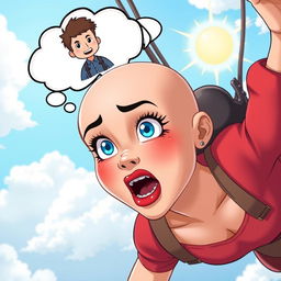 A beautiful bald cartoon woman with striking blue eyes and vibrant red lips, plummeting through a bright, whimsical sky
