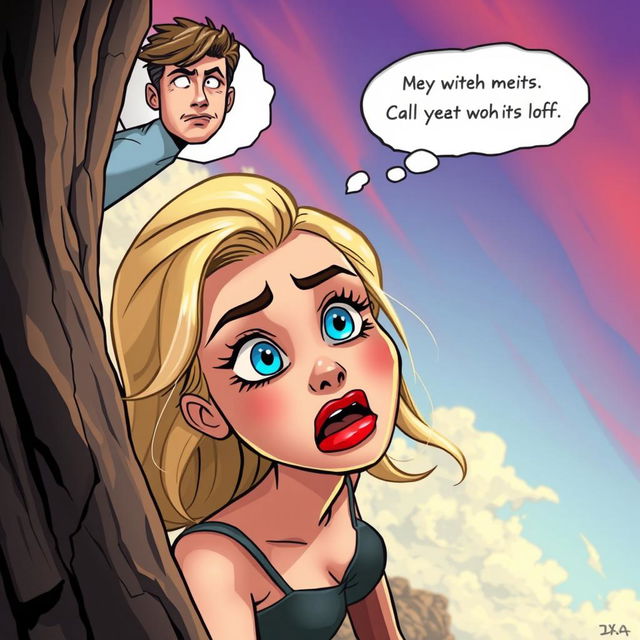 A cartoonish depiction of a beautiful blonde woman with vivid blue eyes and striking red lips, experiencing a dramatic moment as she falls off a cliff