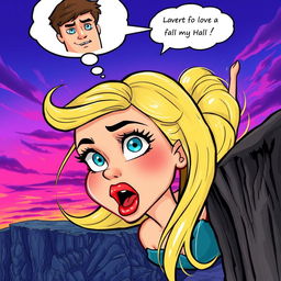A cartoonish depiction of a beautiful blonde woman with vivid blue eyes and striking red lips, experiencing a dramatic moment as she falls off a cliff