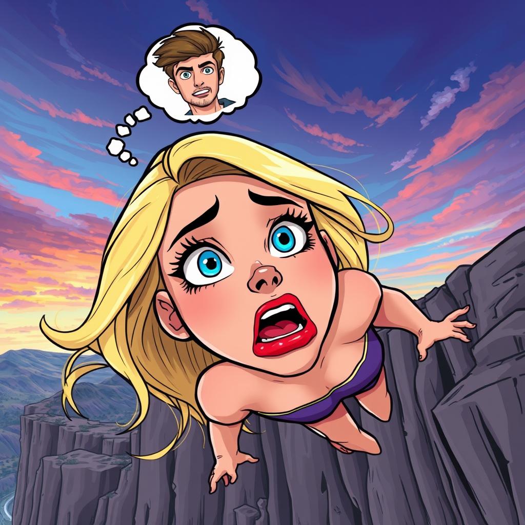 A cartoonish depiction of a beautiful blonde woman with vivid blue eyes and striking red lips, experiencing a dramatic moment as she falls off a cliff