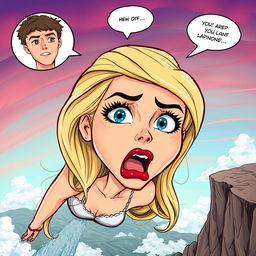 A cartoonish depiction of a beautiful blonde woman with vivid blue eyes and striking red lips, experiencing a dramatic moment as she falls off a cliff