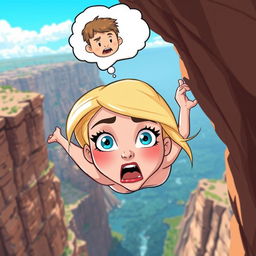 A beautiful blonde cartoon woman with striking blue eyes and vibrant red lips is depicted in mid-fall off a cliff, her face expressing genuine fear