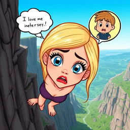 A beautiful blonde cartoon woman with striking blue eyes and vibrant red lips is depicted in mid-fall off a cliff, her face expressing genuine fear