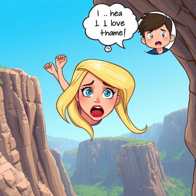 A beautiful blonde cartoon woman with striking blue eyes and vibrant red lips is depicted in mid-fall off a cliff, her face expressing genuine fear