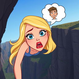 A beautiful cartoon blonde woman with vibrant blue eyes and striking red lips is depicted in a dramatic scene as she falls off a cliff, her expression filled with fear and surprise