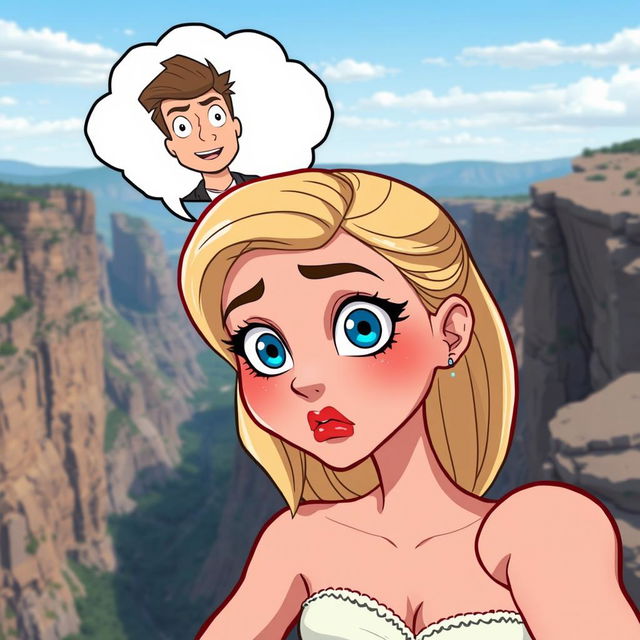 A beautiful cartoon blonde woman with vibrant blue eyes and striking red lips is depicted in a dramatic scene as she falls off a cliff, her expression filled with fear and surprise