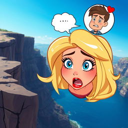 A beautiful cartoon blonde woman with vibrant blue eyes and striking red lips is depicted in a dramatic scene as she falls off a cliff, her expression filled with fear and surprise