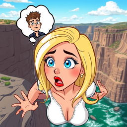 A beautiful cartoon blonde woman with vibrant blue eyes and striking red lips is depicted in a dramatic scene as she falls off a cliff, her expression filled with fear and surprise