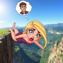 A beautiful cartoon woman with long, flowing blonde hair, striking blue eyes, and bold red lips, suspended in mid-air as she falls off a cliff