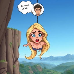 A beautiful cartoon woman with long, flowing blonde hair, striking blue eyes, and bold red lips, suspended in mid-air as she falls off a cliff