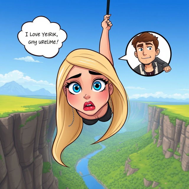 A beautiful cartoon woman with long, flowing blonde hair, striking blue eyes, and bold red lips, suspended in mid-air as she falls off a cliff