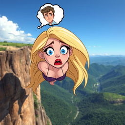A beautiful cartoon woman with long, flowing blonde hair, striking blue eyes, and bold red lips, suspended in mid-air as she falls off a cliff