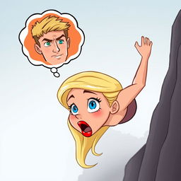 A beautiful blonde cartoon woman with striking blue eyes and vibrant red lips falling off a cliff