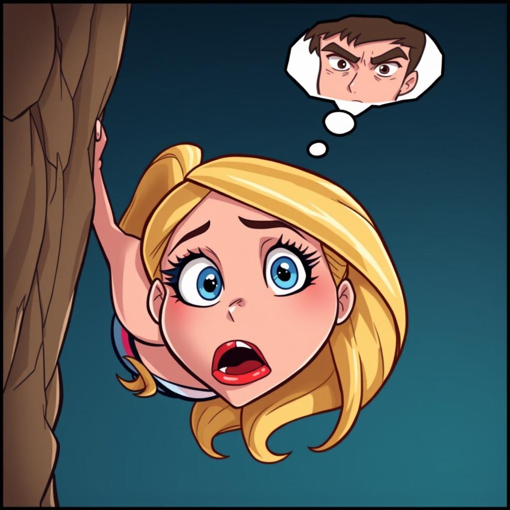 A beautiful blonde cartoon woman with striking blue eyes and vibrant red lips falling off a cliff