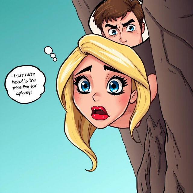 A beautiful blonde cartoon woman with striking blue eyes and vibrant red lips falling off a cliff