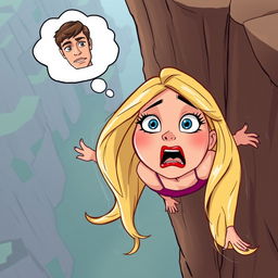 A beautiful blonde cartoon woman with striking blue eyes and vibrant red lips falling off a cliff