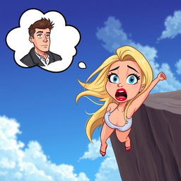 A beautiful blonde cartoon woman with striking blue eyes and bright red lips, depicted mid-fall off a cliff