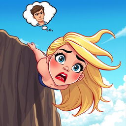 A beautiful blonde cartoon woman with striking blue eyes and bright red lips, depicted mid-fall off a cliff