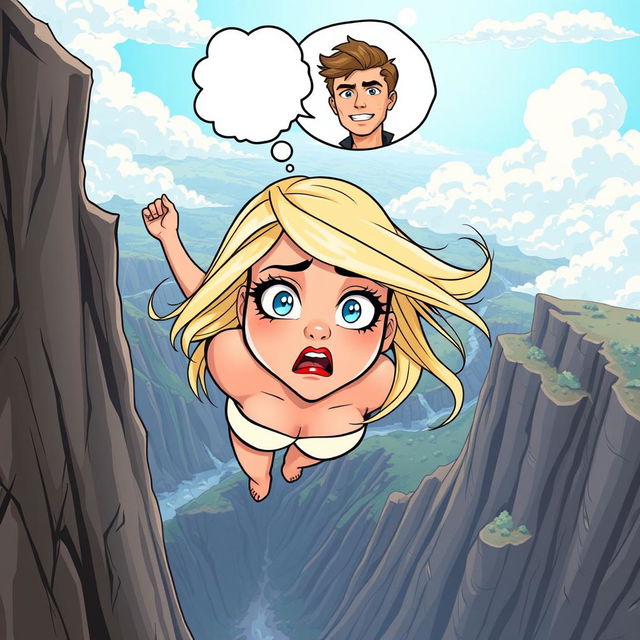 A beautiful blonde cartoon woman with striking blue eyes and bright red lips, depicted mid-fall off a cliff