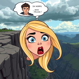A beautiful blonde cartoon woman with striking blue eyes and vibrant red lips is depicted in a dramatic scene, falling off a cliff