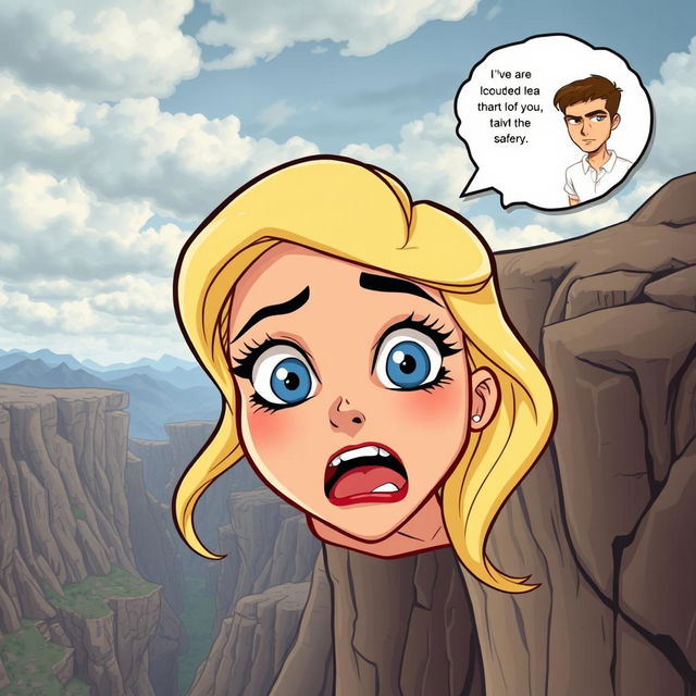 A beautiful blonde cartoon woman with striking blue eyes and vibrant red lips is depicted in a dramatic scene, falling off a cliff