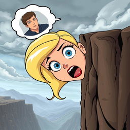 A beautiful blonde cartoon woman with striking blue eyes and vibrant red lips is depicted in a dramatic scene, falling off a cliff