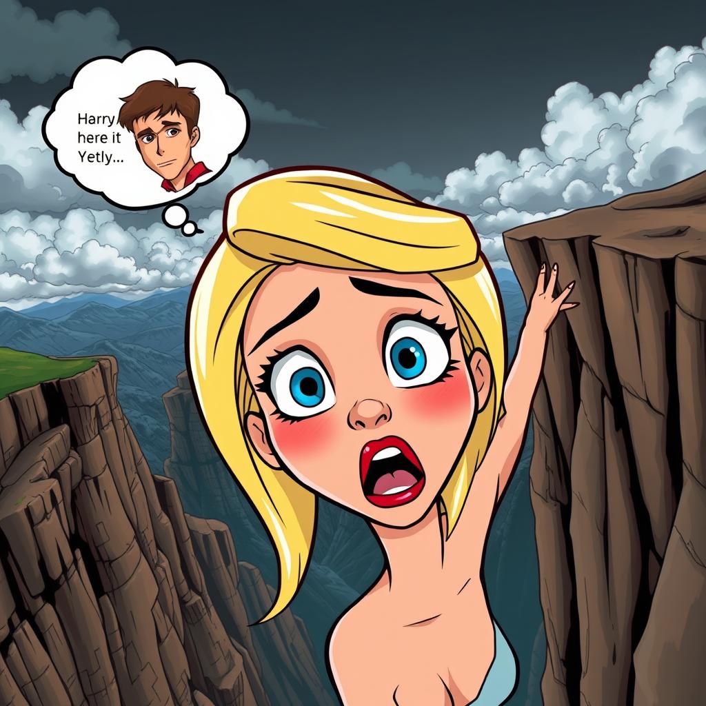 A beautiful blonde cartoon woman with striking blue eyes and vibrant red lips is depicted in a dramatic scene, falling off a cliff