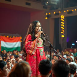 A beautiful Emirati girl singing passionately on stage, wearing a traditional colorful Emirati dress adorned with intricate designs and embroidery
