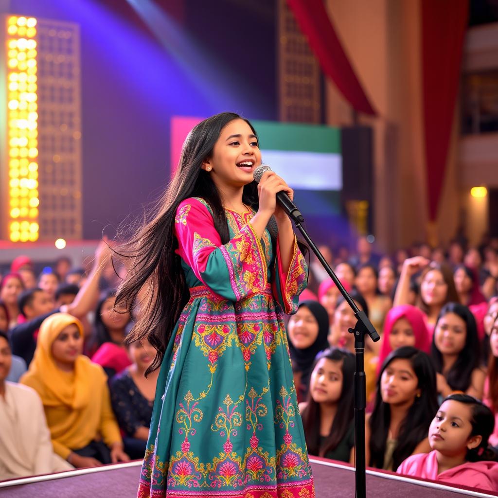 A beautiful Emirati girl singing passionately on stage, wearing a traditional colorful Emirati dress adorned with intricate designs and embroidery