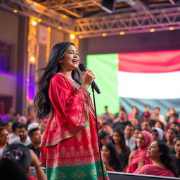 A beautiful Emirati girl singing passionately on stage, wearing a traditional colorful Emirati dress adorned with intricate designs and embroidery