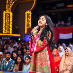 A beautiful Emirati girl singing passionately on stage, wearing a traditional colorful Emirati dress adorned with intricate designs and embroidery