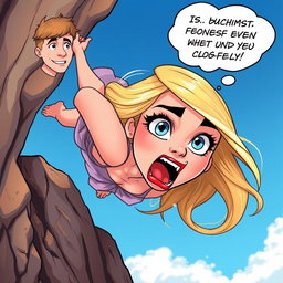 A beautiful blonde cartoon woman with striking blue eyes and vibrant red lips is depicted falling off a cliff, her expression filled with terror and surprise
